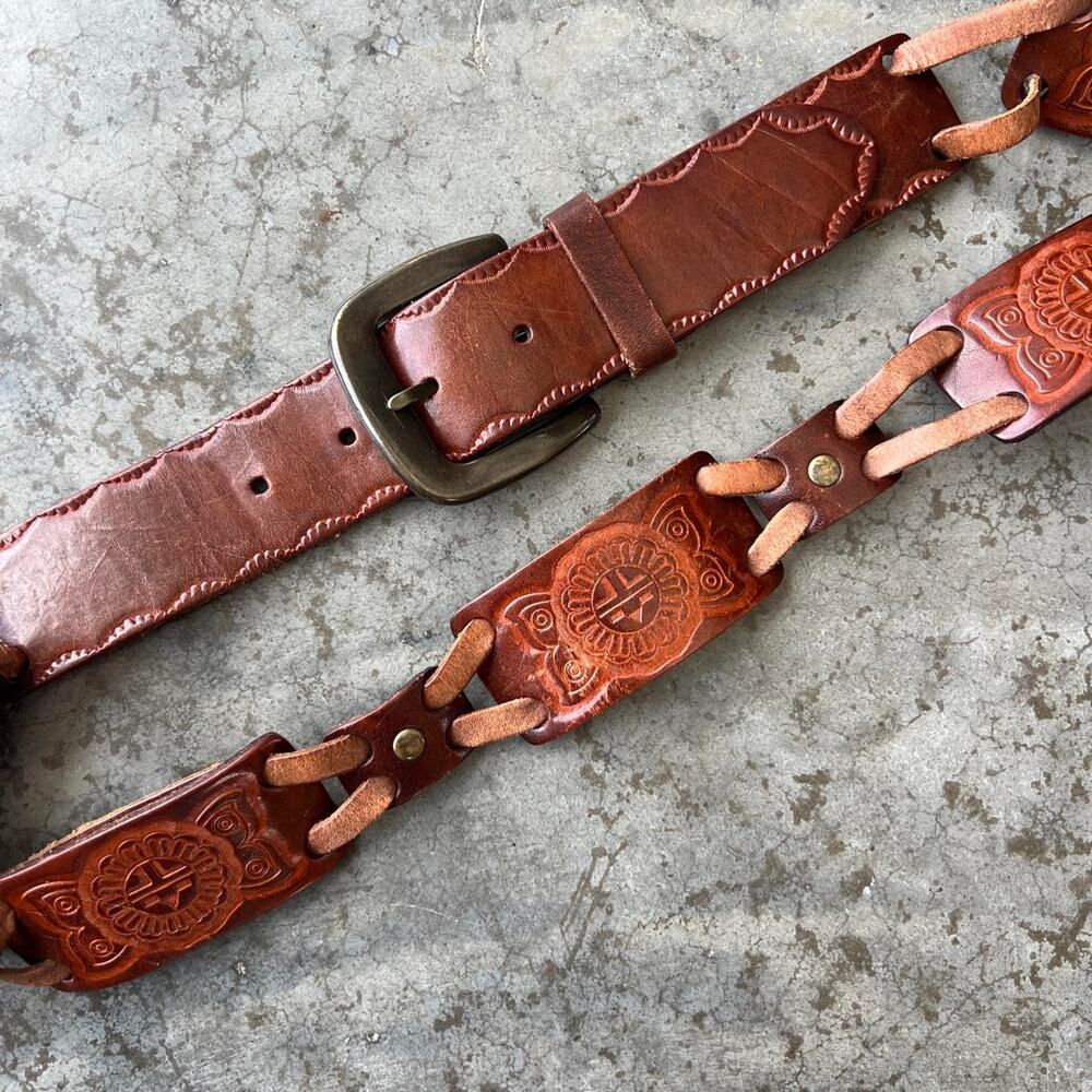 Fossil Womens Belt Size L Brown Genuine Leather Tooled Sun Brass Buckle Western